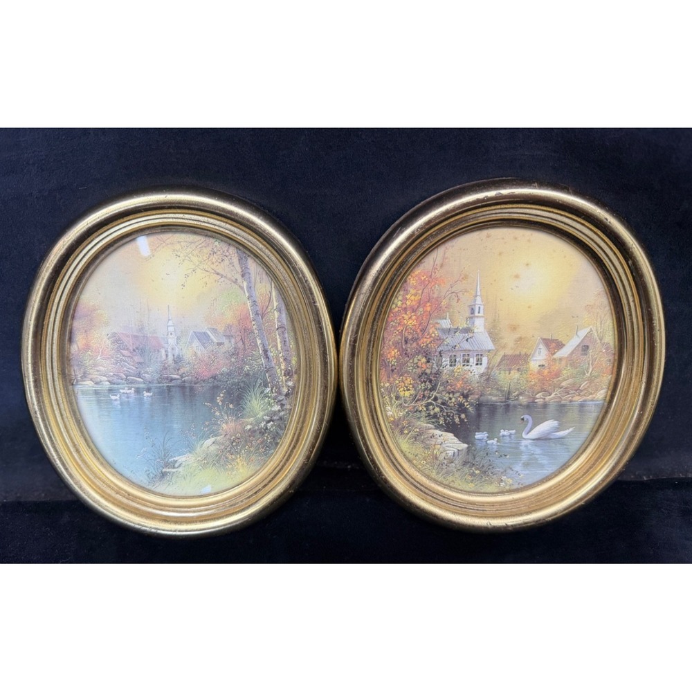 Vintage Syroco Pair Framed Pictures Oval 6.5"x7.5" English Countyside Cottage